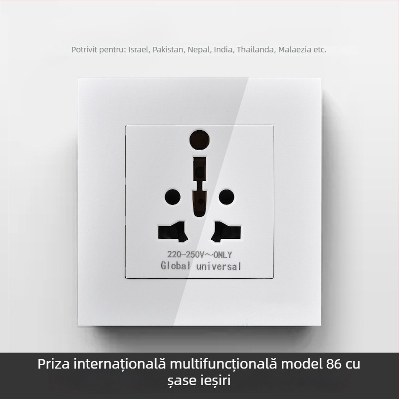 Panou internațional cu șase prize, tipuri 86 și 142, întrerupător
