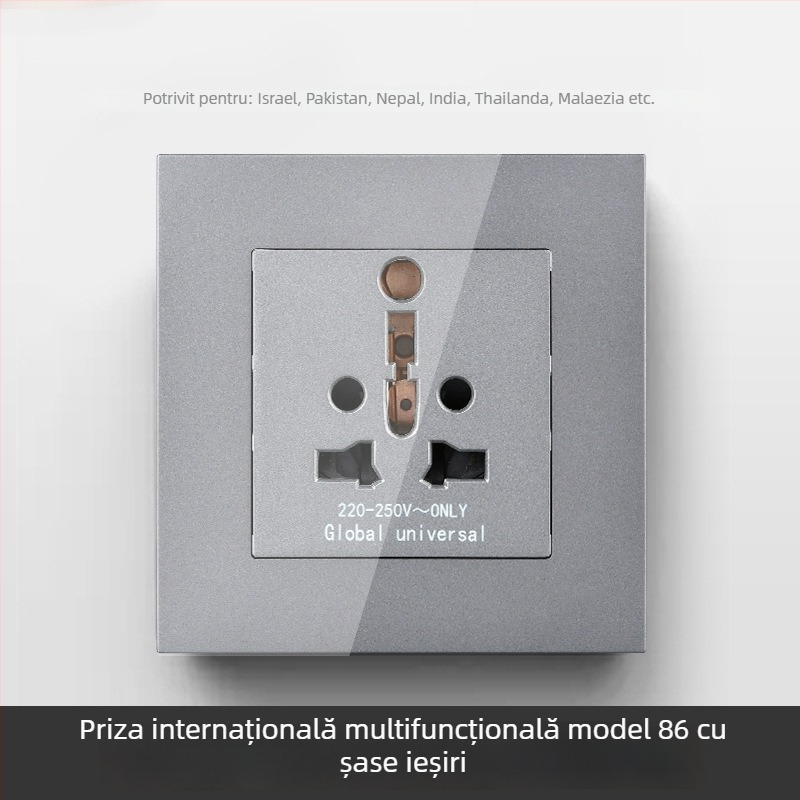 Panou internațional cu șase prize, tipuri 86 și 142, întrerupător