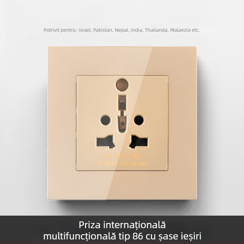 Panou internațional cu șase prize, tipuri 86 și 142, întrerupător
