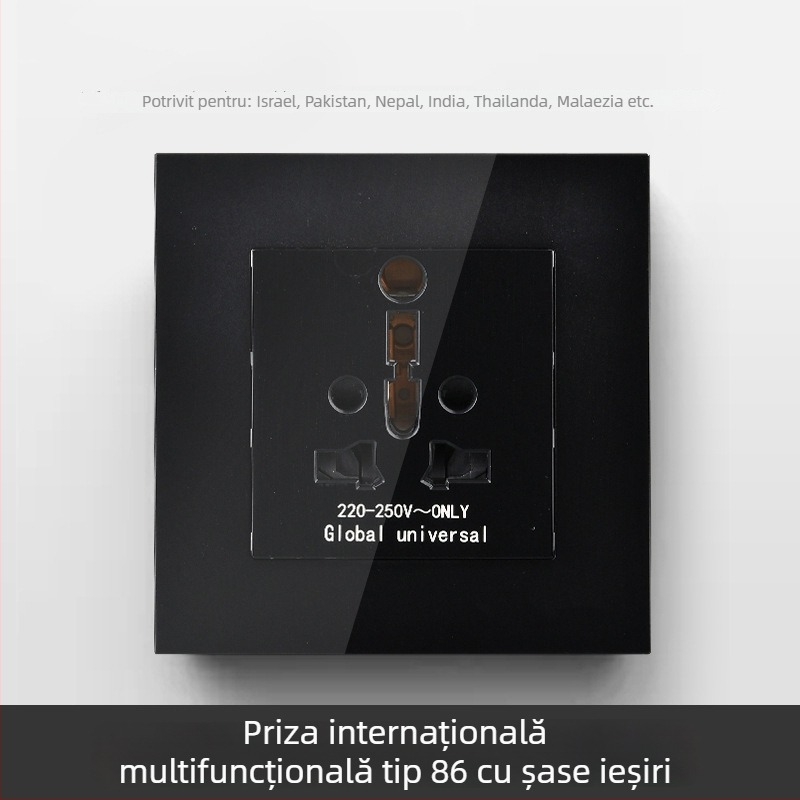 Panou internațional cu șase prize, tipuri 86 și 142, întrerupător