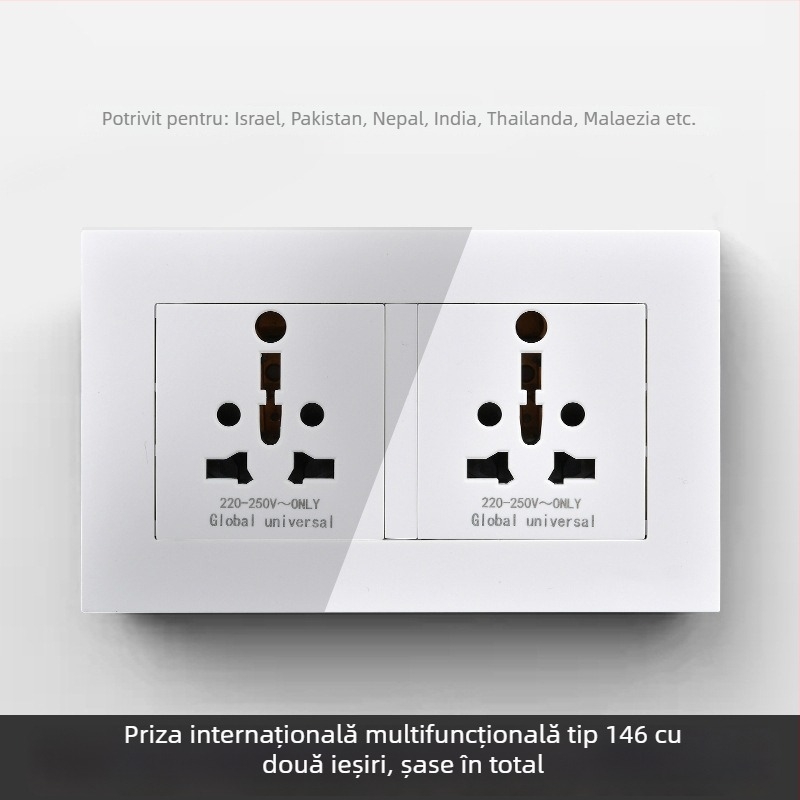 Panou internațional cu șase prize, tipuri 86 și 142, întrerupător