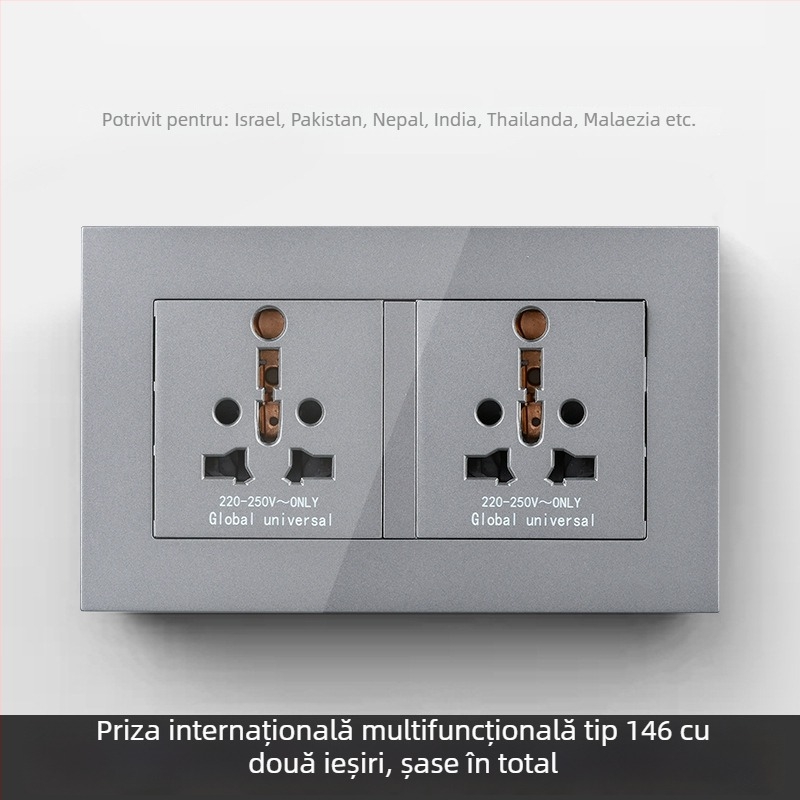 Panou internațional cu șase prize, tipuri 86 și 142, întrerupător
