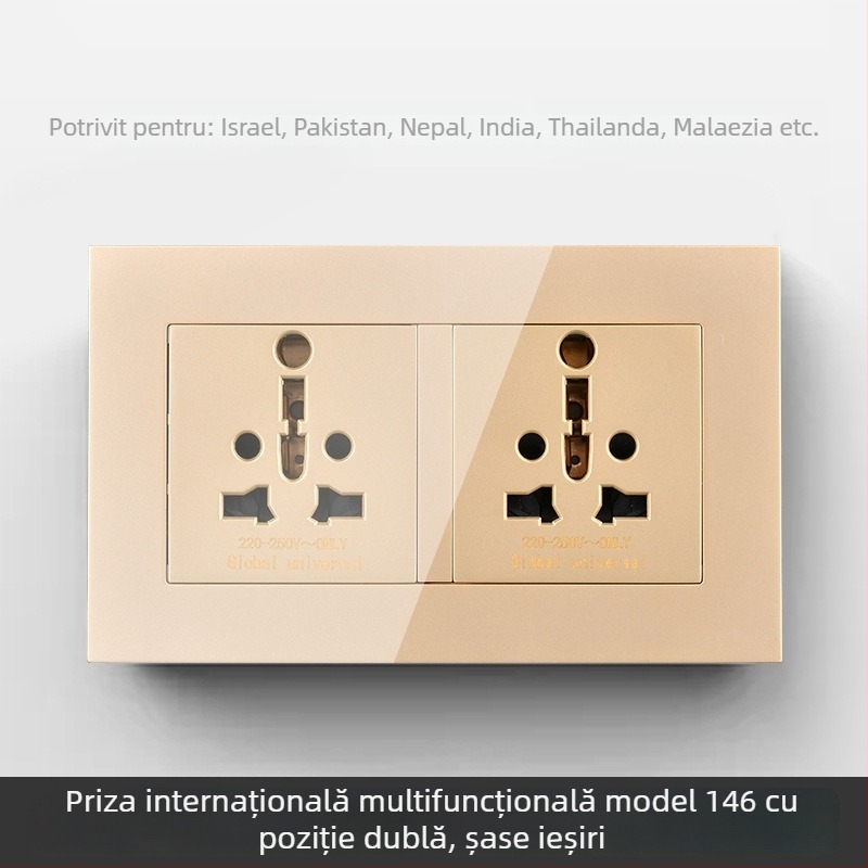 Panou internațional cu șase prize, tipuri 86 și 142, întrerupător