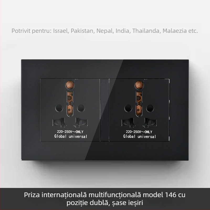 Panou internațional cu șase prize, tipuri 86 și 142, întrerupător