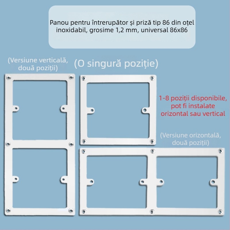 Panou pentru întrerupător și priză de perete tip 86, cu gaură mărită pentru acoperirea imperfecțiunilor și placă de susținere orizontală/verticală, fără cutie inferioară