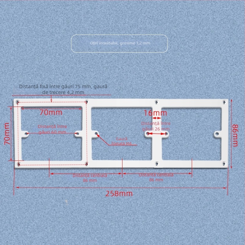 Panou pentru întrerupător și priză de perete tip 86, cu gaură mărită pentru acoperirea imperfecțiunilor și placă de susținere orizontală/verticală, fără cutie inferioară