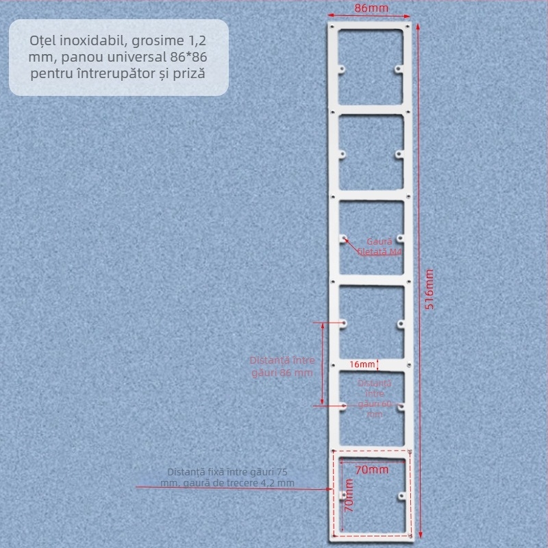 Panou pentru întrerupător și priză de perete tip 86, cu gaură mărită pentru acoperirea imperfecțiunilor și placă de susținere orizontală/verticală, fără cutie inferioară