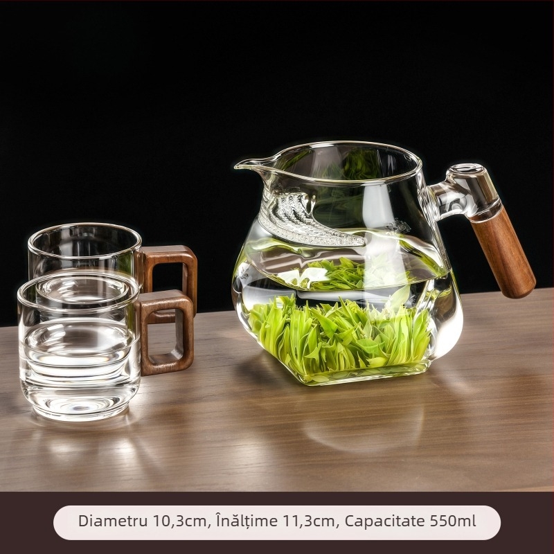 Căniță de ceai din sticlă termorezistentă, în formă de semilună, cu filtr de ceai și separator integrat ceai-apă pentru prepararea ceaiului verde