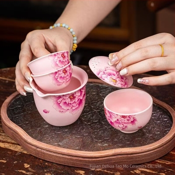 Set de ceai portabil, roz, în stil Dingyao, ceramică, pentru 3–5 persoane