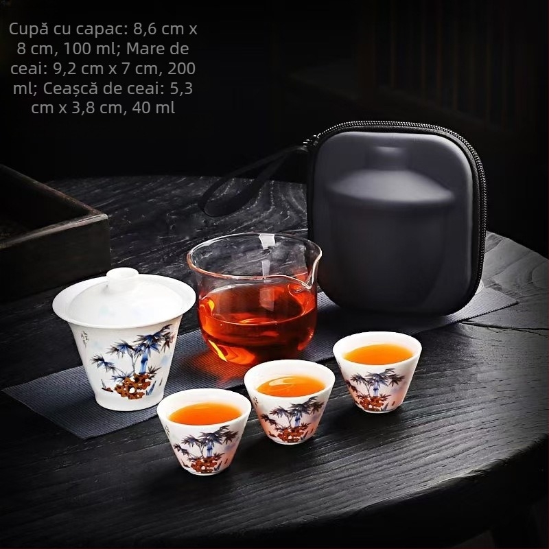 Set de ceai portabil, roz, în stil Dingyao, ceramică, pentru 3–5 persoane