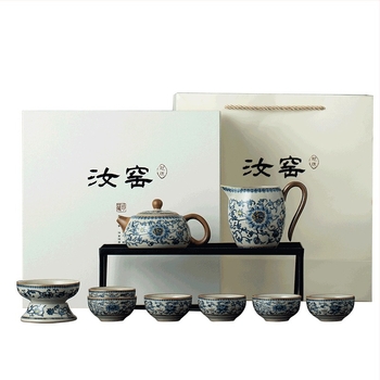 Set de ceai Ru Kiln albastru și alb, Gongfu pentru casă, set complet cu ceainic și cești, cutie cadou de înaltă calitate, pentru 6 persoane