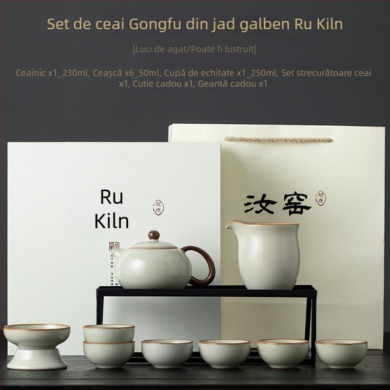 Set de ceai Ru Kiln albastru și alb, Gongfu pentru casă, set complet cu ceainic și cești, cutie cadou de înaltă calitate, pentru 6 persoane