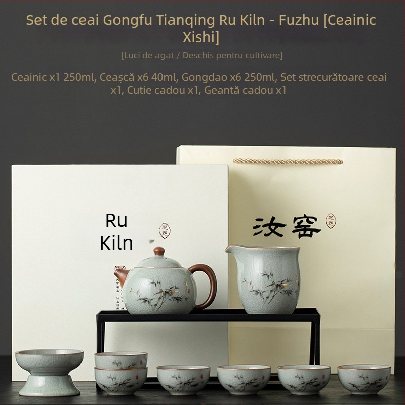 Set de ceai Ru Kiln albastru și alb, Gongfu pentru casă, set complet cu ceainic și cești, cutie cadou de înaltă calitate, pentru 6 persoane