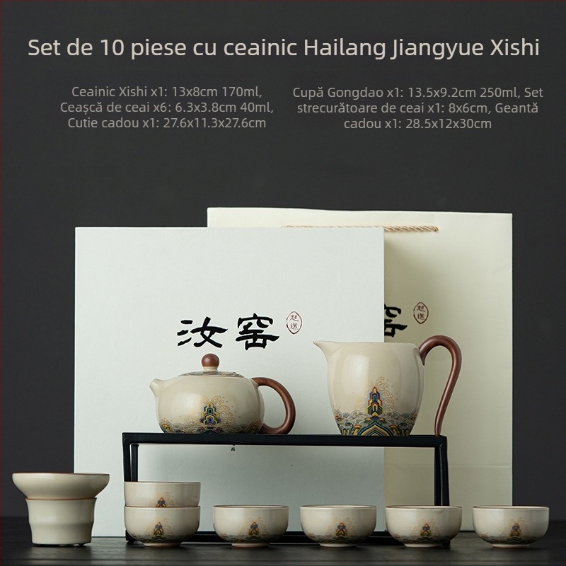 Set de ceai Ru Kiln albastru și alb, Gongfu pentru casă, set complet cu ceainic și cești, cutie cadou de înaltă calitate, pentru 6 persoane