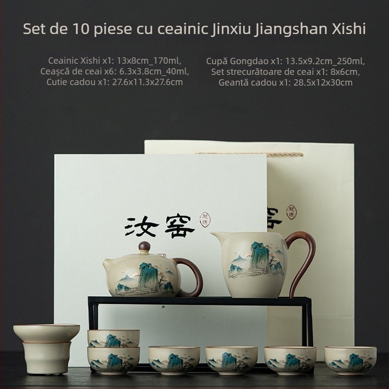 Set de ceai Ru Kiln albastru și alb, Gongfu pentru casă, set complet cu ceainic și cești, cutie cadou de înaltă calitate, pentru 6 persoane
