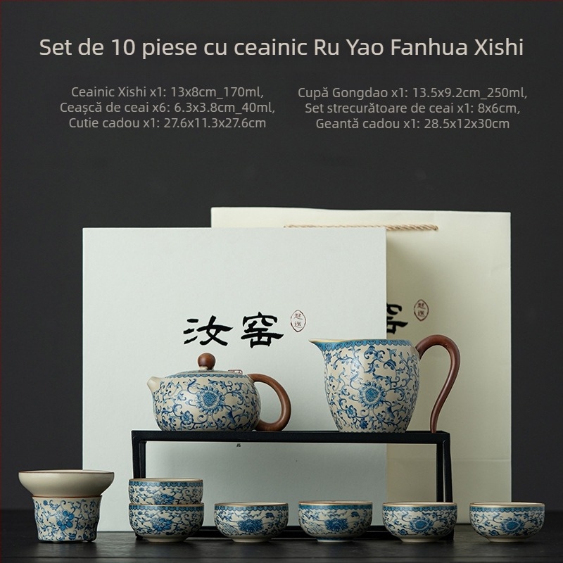 Set de ceai Ru Kiln albastru și alb, Gongfu pentru casă, set complet cu ceainic și cești, cutie cadou de înaltă calitate, pentru 6 persoane