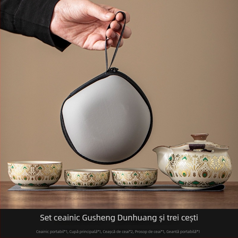 Ru Kiln set de ceai de înaltă calitate cu ceainic și bol cu capac, protecție împotriva arsurilor, pentru exterior și călătorii – o ceainică și trei cești