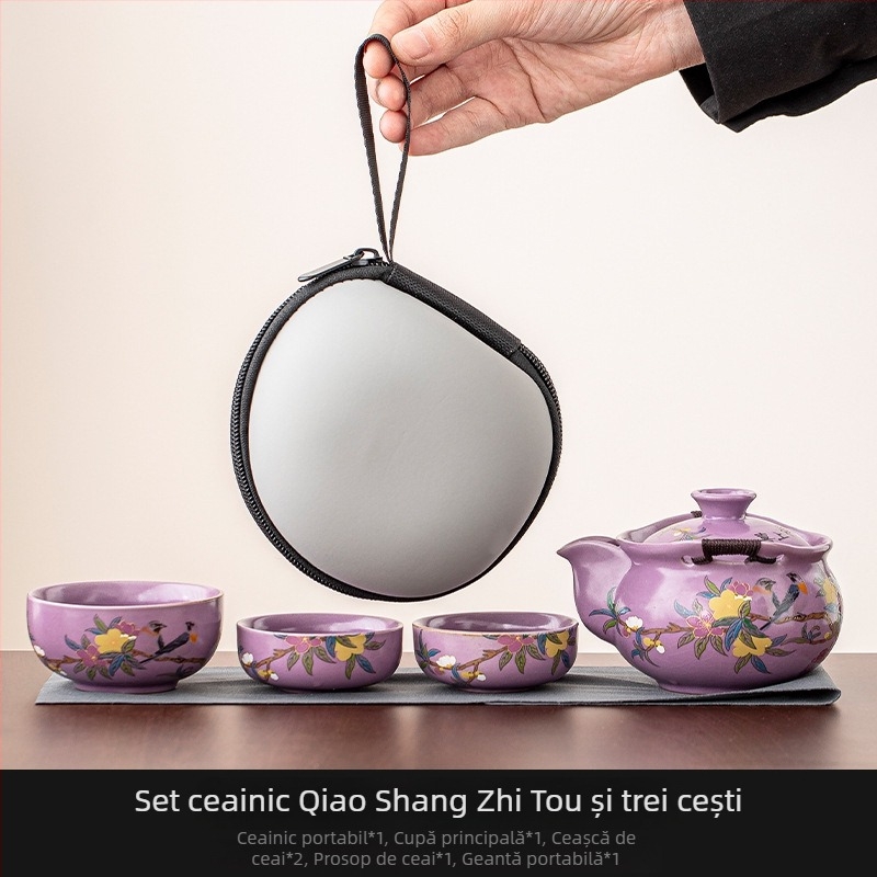 Ru Kiln set de ceai de înaltă calitate cu ceainic și bol cu capac, protecție împotriva arsurilor, pentru exterior și călătorii – o ceainică și trei cești