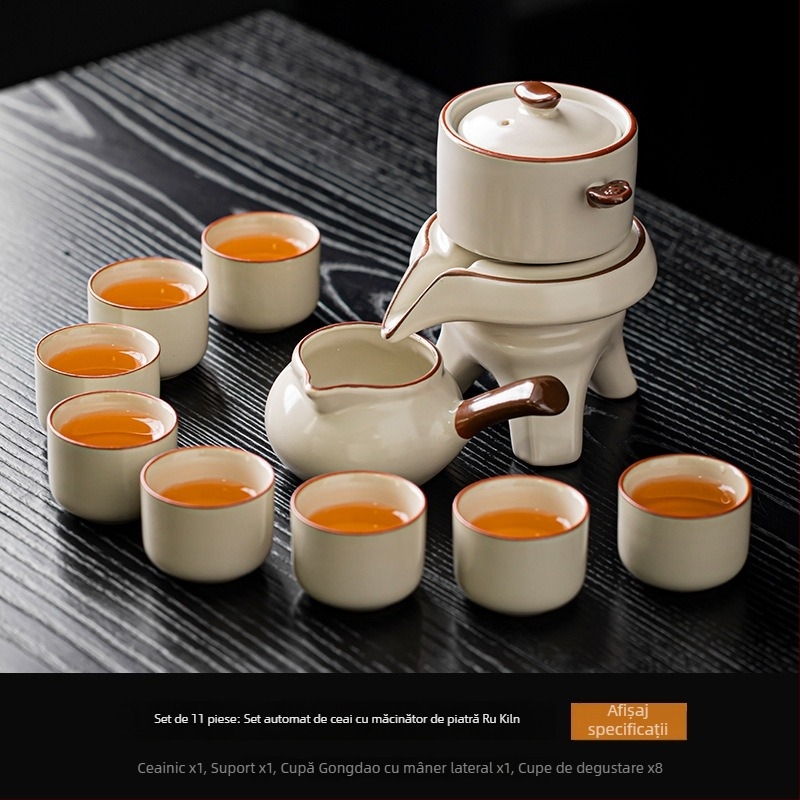 Set ceai Ru Kiln Kung Fu – Kit ceramic complet pentru ceremonia ceaiului, cu râșniță din piatră, preparator automat de ceai, ceainic și bol pentru spălarea ceaiului