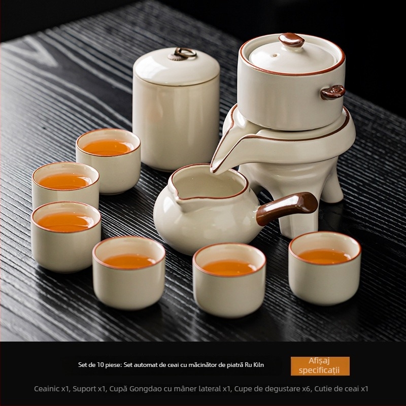 Set ceai Ru Kiln Kung Fu – Kit ceramic complet pentru ceremonia ceaiului, cu râșniță din piatră, preparator automat de ceai, ceainic și bol pentru spălarea ceaiului