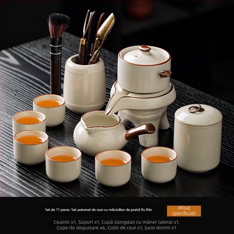 Set ceai Ru Kiln Kung Fu – Kit ceramic complet pentru ceremonia ceaiului, cu râșniță din piatră, preparator automat de ceai, ceainic și bol pentru spălarea ceaiului