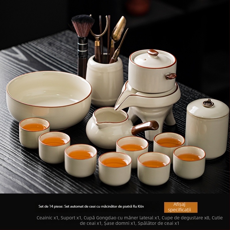 Set ceai Ru Kiln Kung Fu – Kit ceramic complet pentru ceremonia ceaiului, cu râșniță din piatră, preparator automat de ceai, ceainic și bol pentru spălarea ceaiului