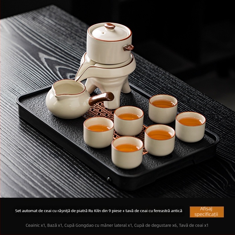 Set ceai Ru Kiln Kung Fu – Kit ceramic complet pentru ceremonia ceaiului, cu râșniță din piatră, preparator automat de ceai, ceainic și bol pentru spălarea ceaiului