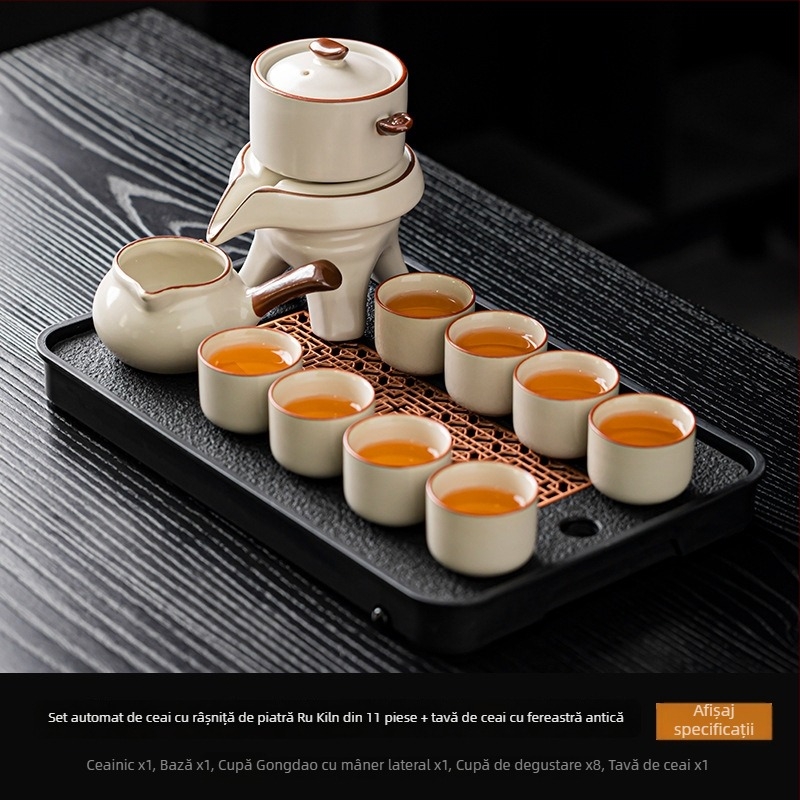 Set ceai Ru Kiln Kung Fu – Kit ceramic complet pentru ceremonia ceaiului, cu râșniță din piatră, preparator automat de ceai, ceainic și bol pentru spălarea ceaiului