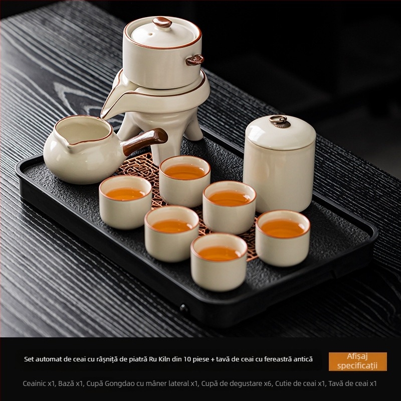 Set ceai Ru Kiln Kung Fu – Kit ceramic complet pentru ceremonia ceaiului, cu râșniță din piatră, preparator automat de ceai, ceainic și bol pentru spălarea ceaiului