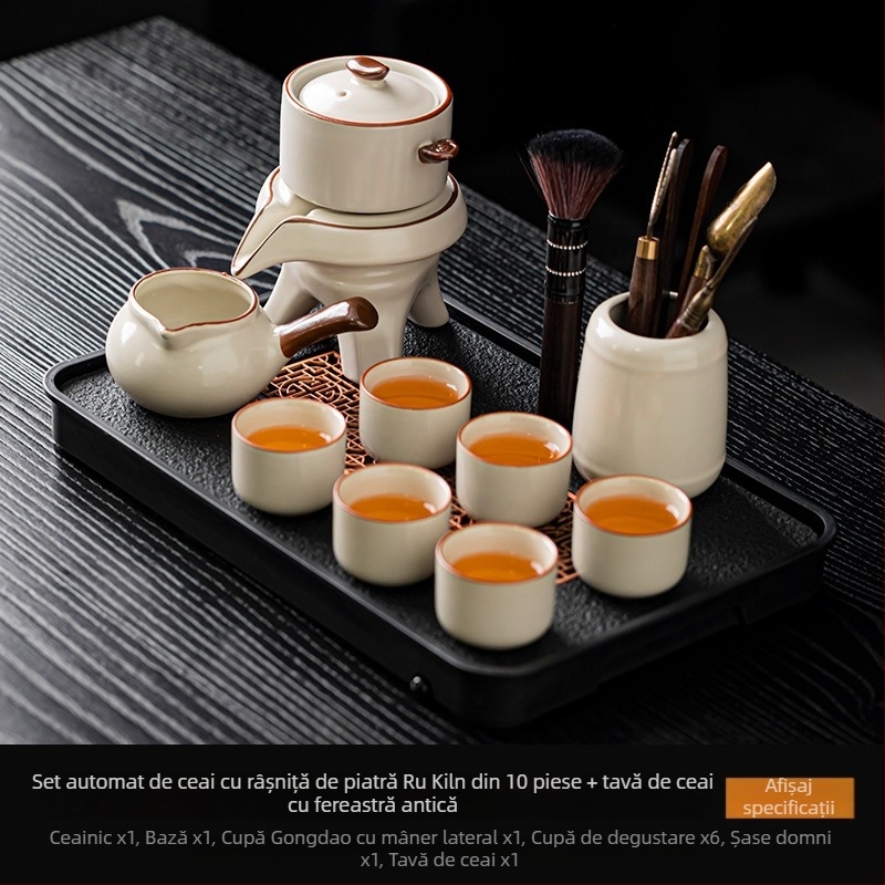 Set ceai Ru Kiln Kung Fu – Kit ceramic complet pentru ceremonia ceaiului, cu râșniță din piatră, preparator automat de ceai, ceainic și bol pentru spălarea ceaiului