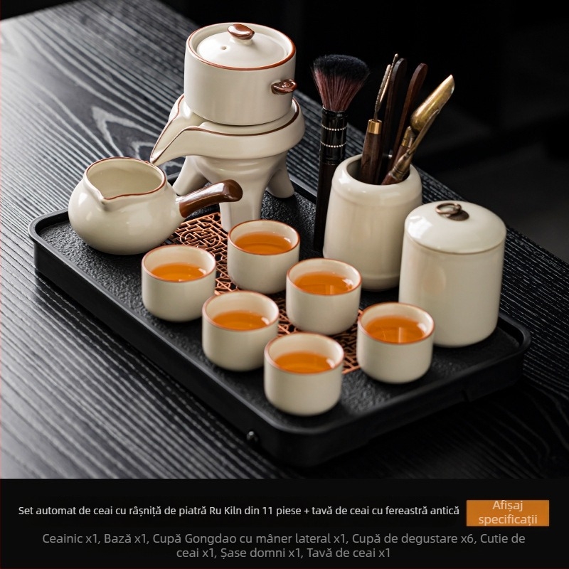 Set ceai Ru Kiln Kung Fu – Kit ceramic complet pentru ceremonia ceaiului, cu râșniță din piatră, preparator automat de ceai, ceainic și bol pentru spălarea ceaiului