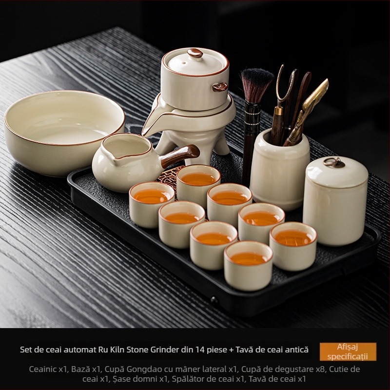 Set ceai Ru Kiln Kung Fu – Kit ceramic complet pentru ceremonia ceaiului, cu râșniță din piatră, preparator automat de ceai, ceainic și bol pentru spălarea ceaiului