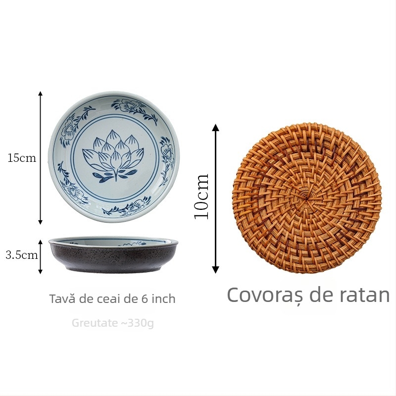 Ceainic cu lotus albastru vintage, tavă din ratan pentru uscare, suport pentru ceainic din lut purpuriu, suport mare din fibre de loofah cu masă de ceai cu depozitare a apei