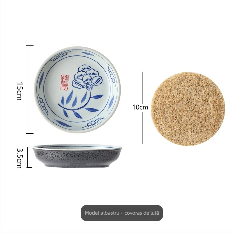 Ceainic cu lotus albastru vintage, tavă din ratan pentru uscare, suport pentru ceainic din lut purpuriu, suport mare din fibre de loofah cu masă de ceai cu depozitare a apei