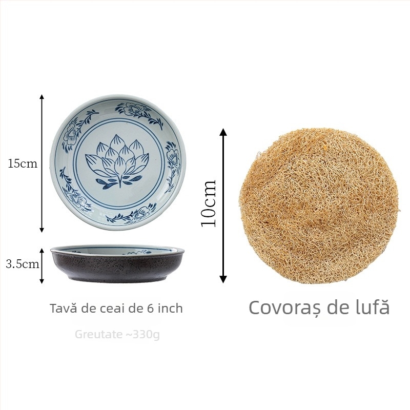 Ceainic cu lotus albastru vintage, tavă din ratan pentru uscare, suport pentru ceainic din lut purpuriu, suport mare din fibre de loofah cu masă de ceai cu depozitare a apei