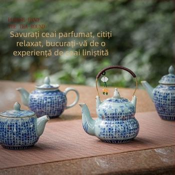 Ceainic ceramic din lut vechi, glazură craquelată albastru‑alb, mic ceainic pentru set Kung Fu