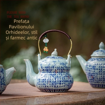 Ceainic ceramic din lut vechi, glazură craquelată albastru‑alb, mic ceainic pentru set Kung Fu
