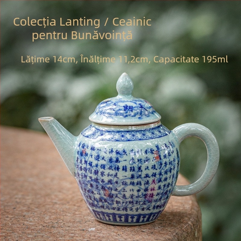 Ceainic ceramic din lut vechi, glazură craquelată albastru‑alb, mic ceainic pentru set Kung Fu