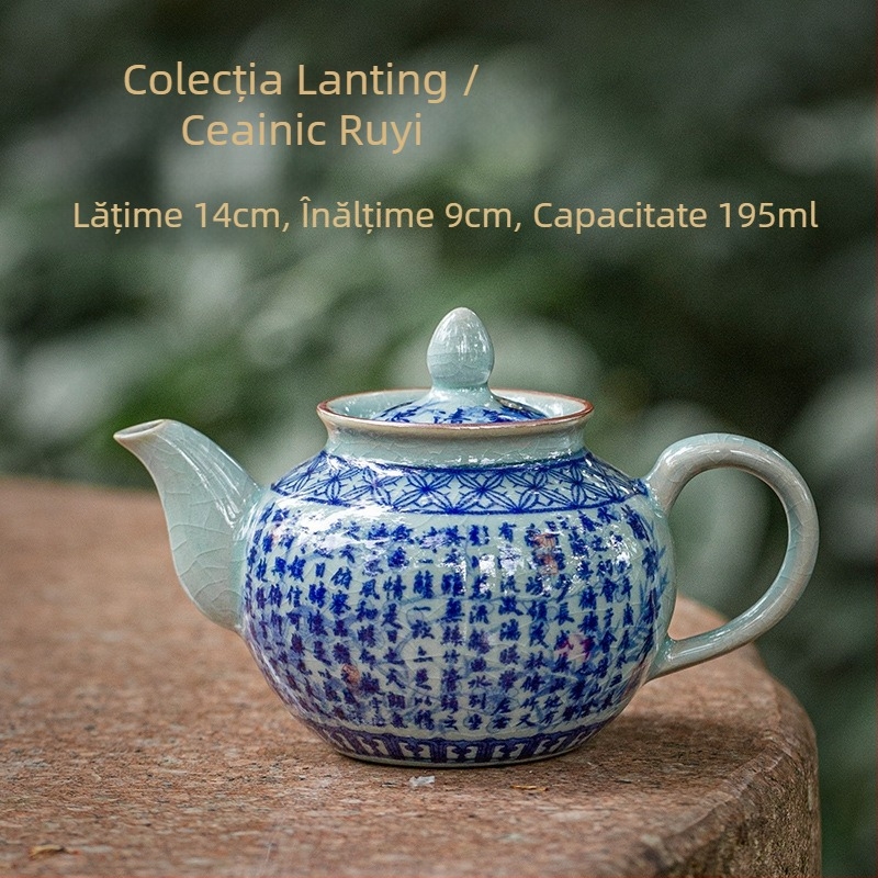 Ceainic ceramic din lut vechi, glazură craquelată albastru‑alb, mic ceainic pentru set Kung Fu