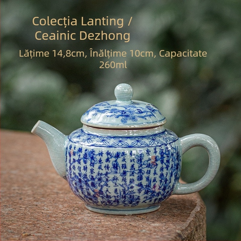 Ceainic ceramic din lut vechi, glazură craquelată albastru‑alb, mic ceainic pentru set Kung Fu