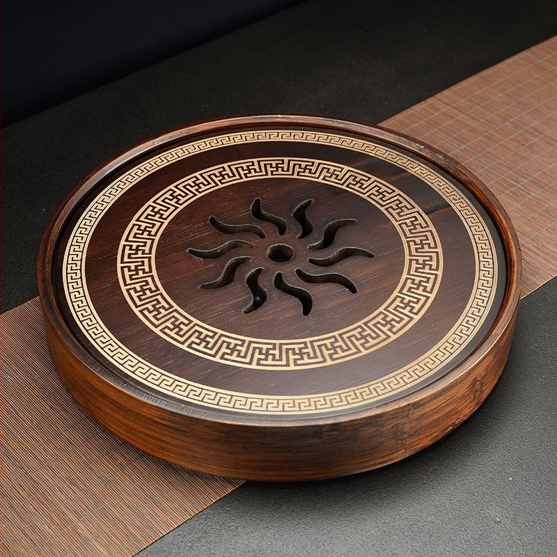 Tavă de ceai din bambus, stil chinezesc retro elegant, rotundă, pentru întâmpinarea oaspeților, potrivită pentru birou sau casă, interior, pentru degustarea ceaiului