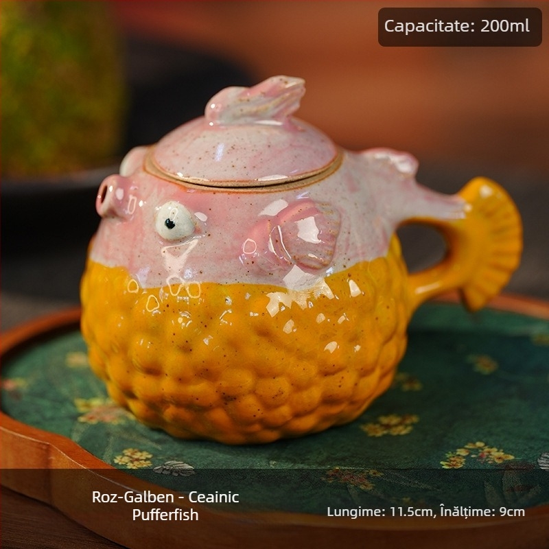 Ceainic cu motiv Pufferfish și Watermelon, set Kung Fu de ceai, un ceainic, porțelan alb, pictură manuală în stil pictură în ulei