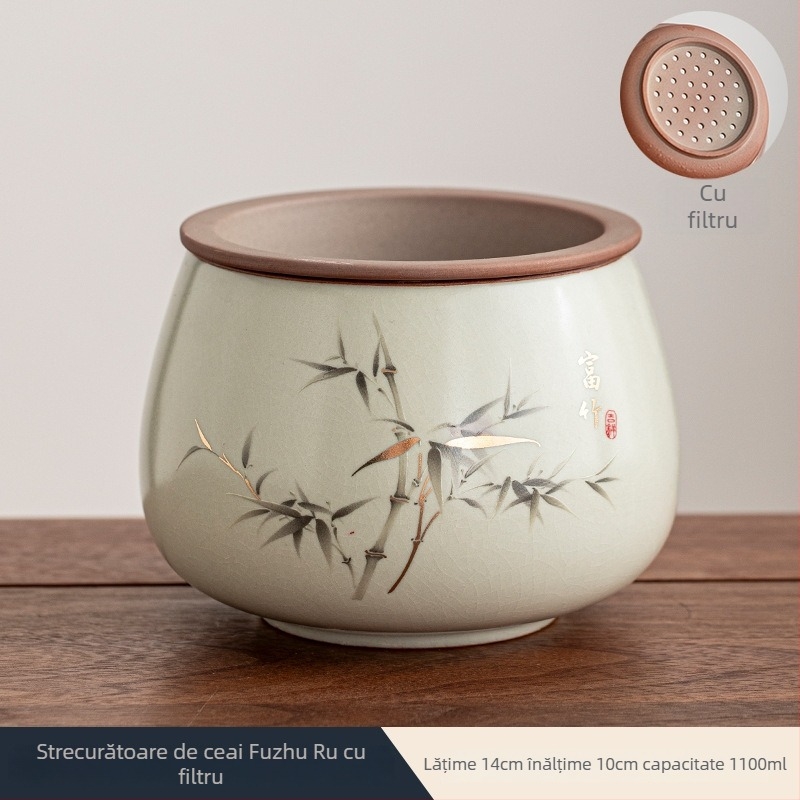 Vas ceramic pentru resturi de ceai, destinat ceremoniei de ceai acasă, cu recipient pentru spălarea ceaiului și accesorii de servire