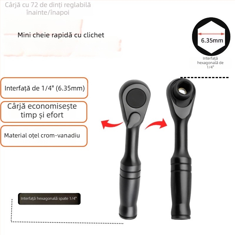 Cheie mini ratchet cu 72 dinți, pentru spații înguste, cu bituri pentru șurubelniță, 1/4 inch drive, înainte și înapoi