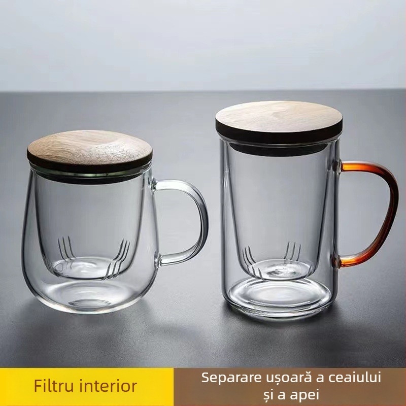 Cană de ceai din sticlă rezistentă la căldură, cu filtru și mâner, transparentă, pentru casă și birou