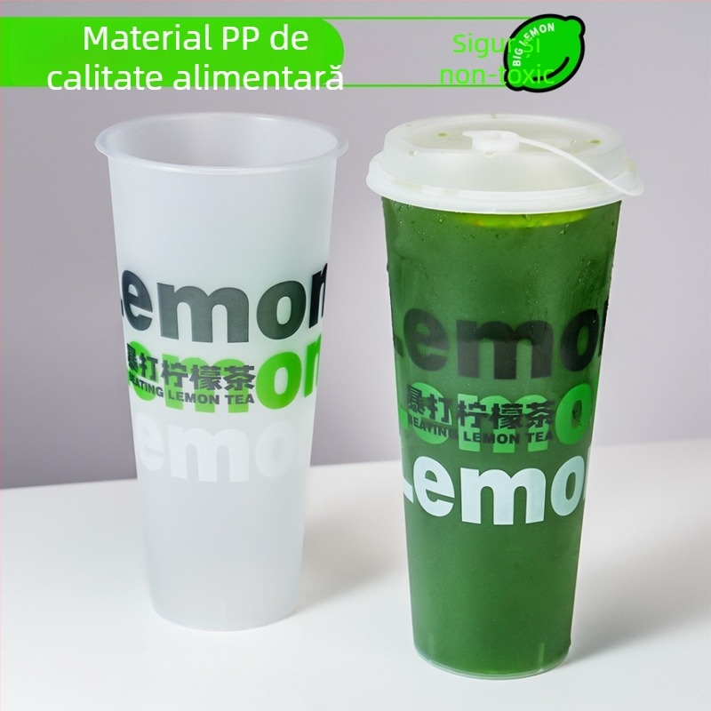 Pahar de unică folosință pentru ceai cu lapte, diametrul 90 mm, capac, finisaj mat, turnare prin injecție, îngroșat, pentru uz comercial – ceai cu lămâie