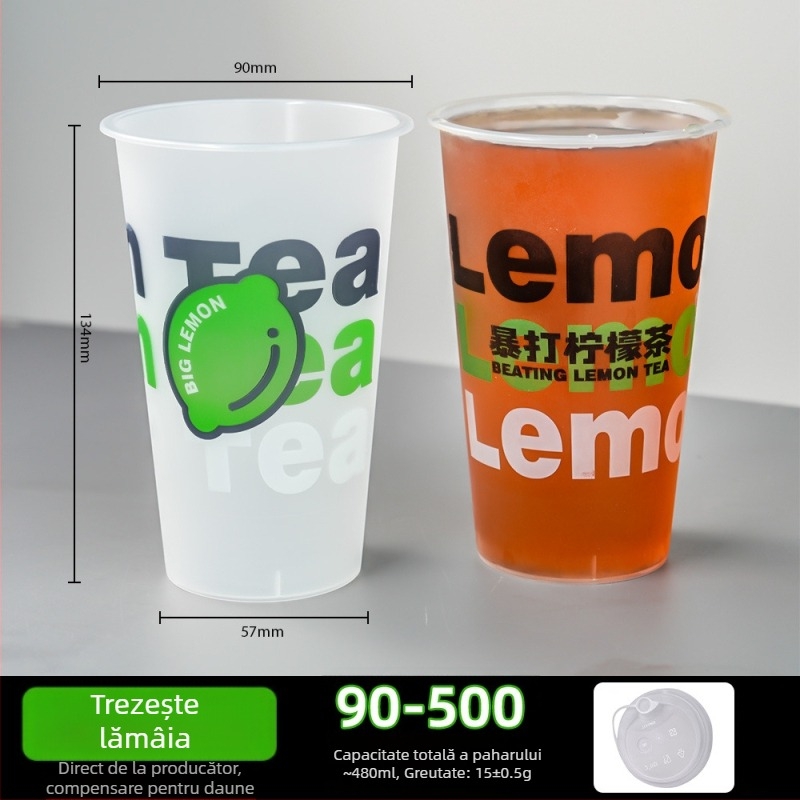 Pahar de unică folosință pentru ceai cu lapte, diametrul 90 mm, capac, finisaj mat, turnare prin injecție, îngroșat, pentru uz comercial – ceai cu lămâie