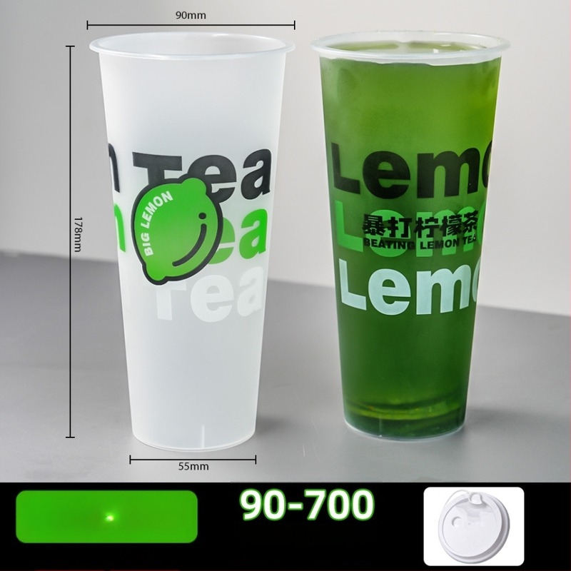 Pahar de unică folosință pentru ceai cu lapte, diametrul 90 mm, capac, finisaj mat, turnare prin injecție, îngroșat, pentru uz comercial – ceai cu lămâie