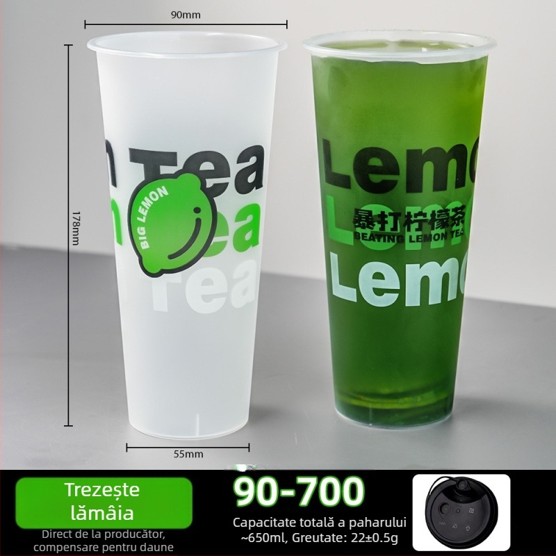Pahar de unică folosință pentru ceai cu lapte, diametrul 90 mm, capac, finisaj mat, turnare prin injecție, îngroșat, pentru uz comercial – ceai cu lămâie