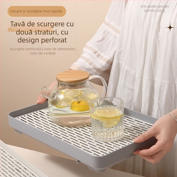 Tavă dublă de drenaj din plastic pentru bucătărie, suport pentru cești și tacâmuri, organizator pentru fructe și legume